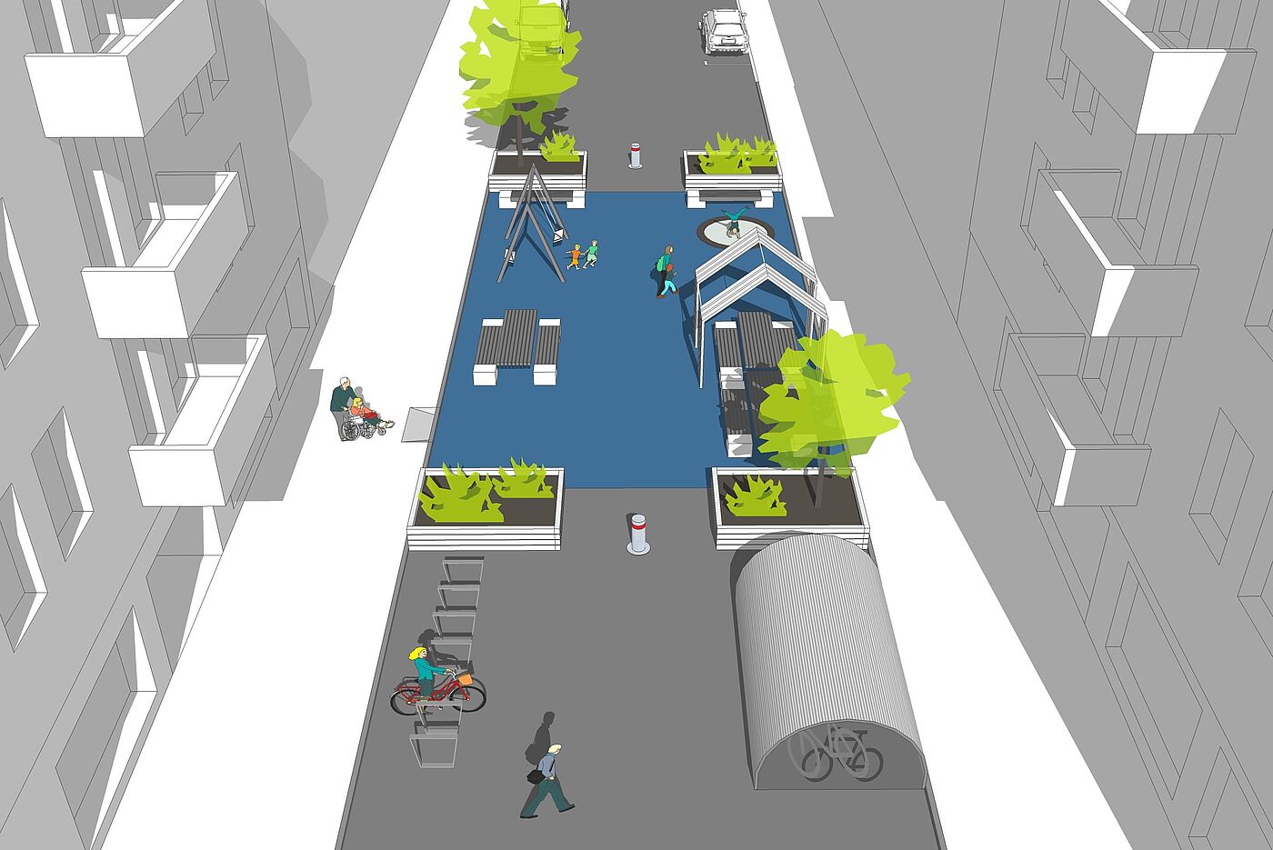 Mini-Hollands Pocketpark Die Grafik zeigt eine in Pocketpark umgewidmete Straße (kleiner Park auf einer ehemailgen Fahrbahn).