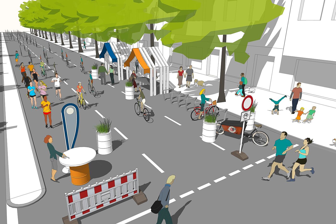 Grafik Bogota Timm Schwendy Die Grafik zeigt eine für Autos geschlossene Straße. Auf der Straße spazieren und verweilen Menschen.